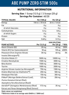 ABE Pump - Zero Stim Pre-Workout (500g) Pre- entreno sin estimulantes, con creatina y B12.