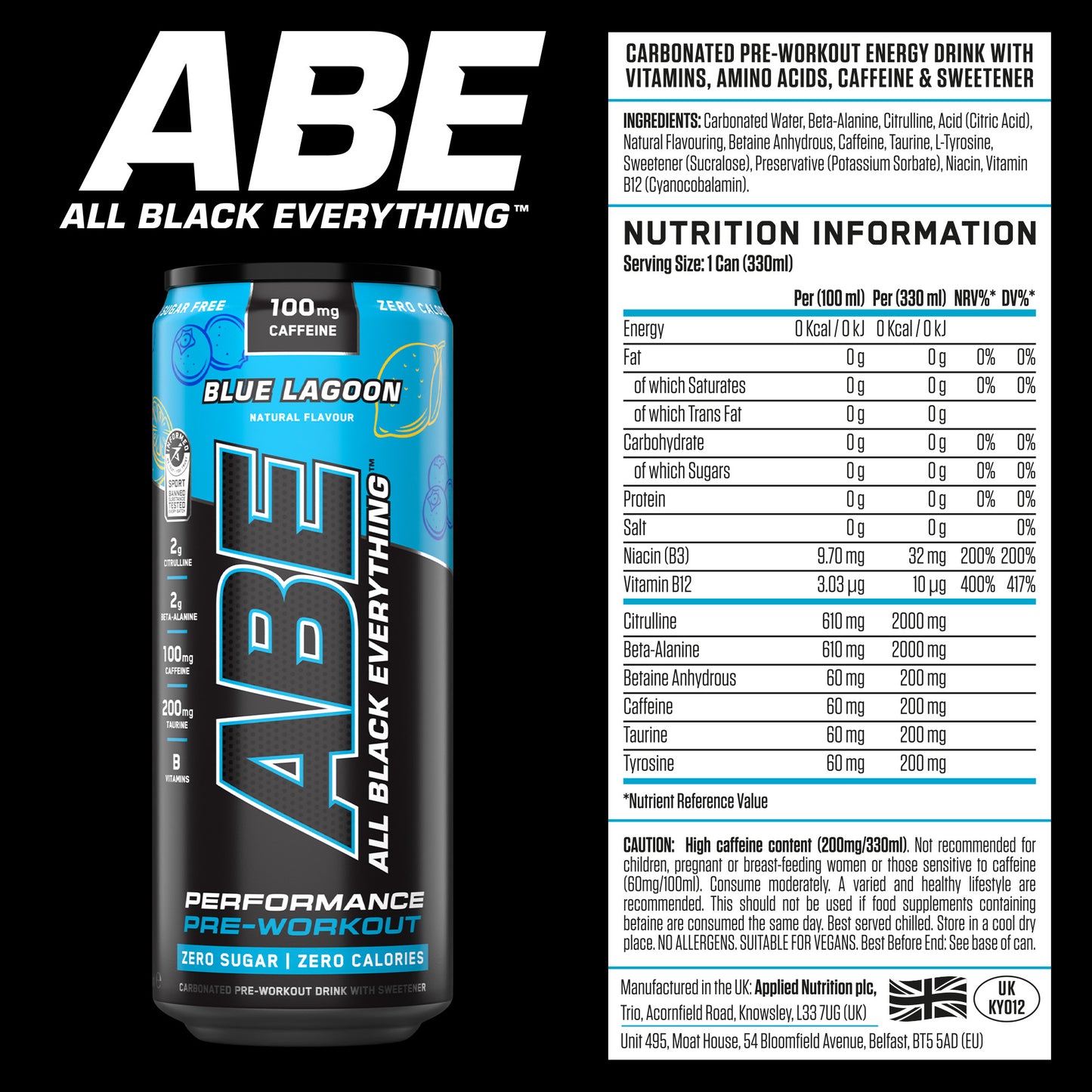 ABE - Energy & Performance Pre Workout Cans x12 - Sin azúcar.