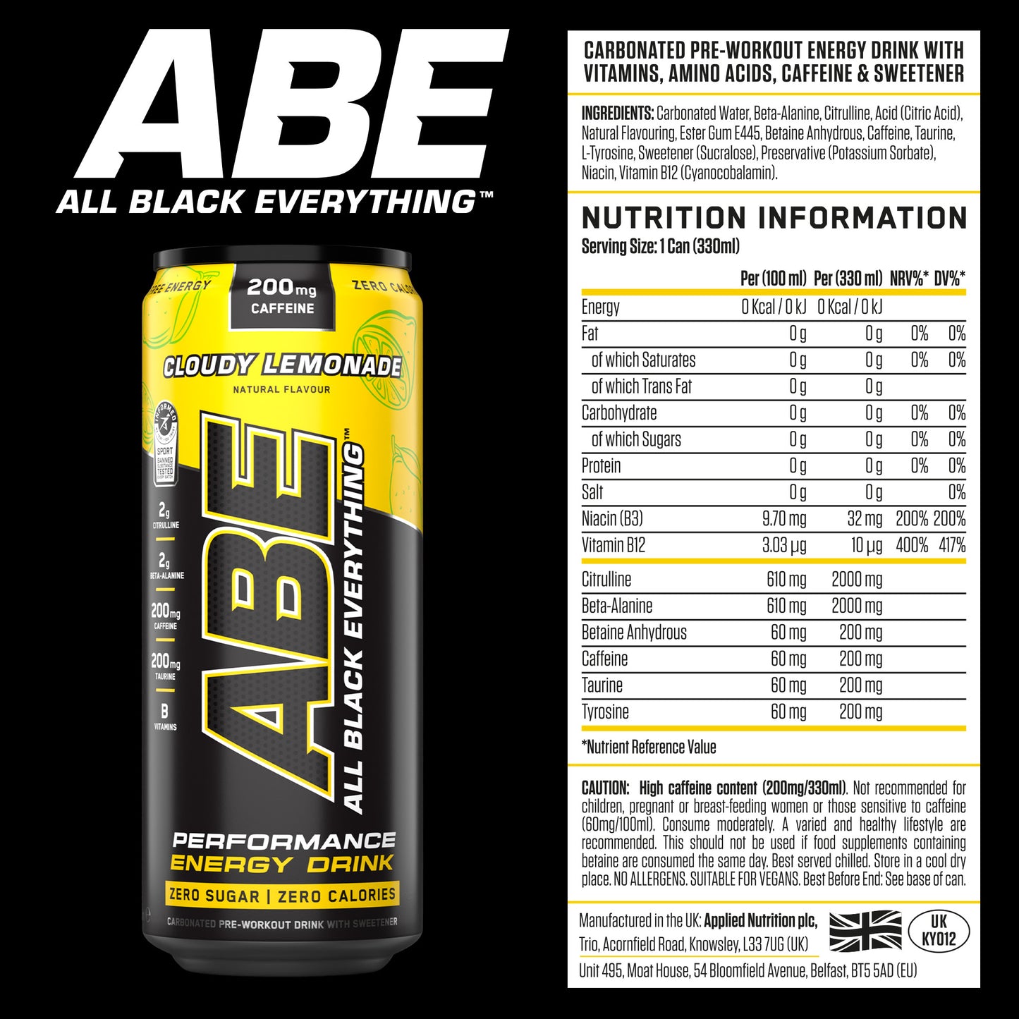 ABE - Energy & Performance Pre Workout Cans x12 - Sin azúcar.