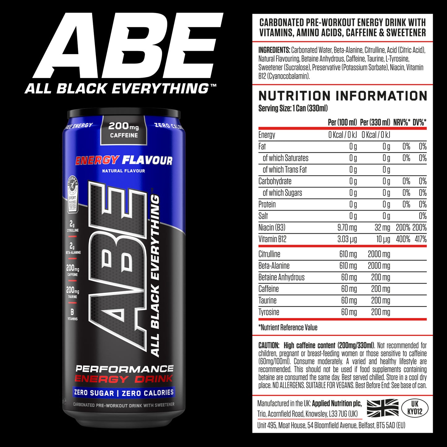 ABE - Energy & Performance Pre Workout Cans x12 - Sin azúcar.