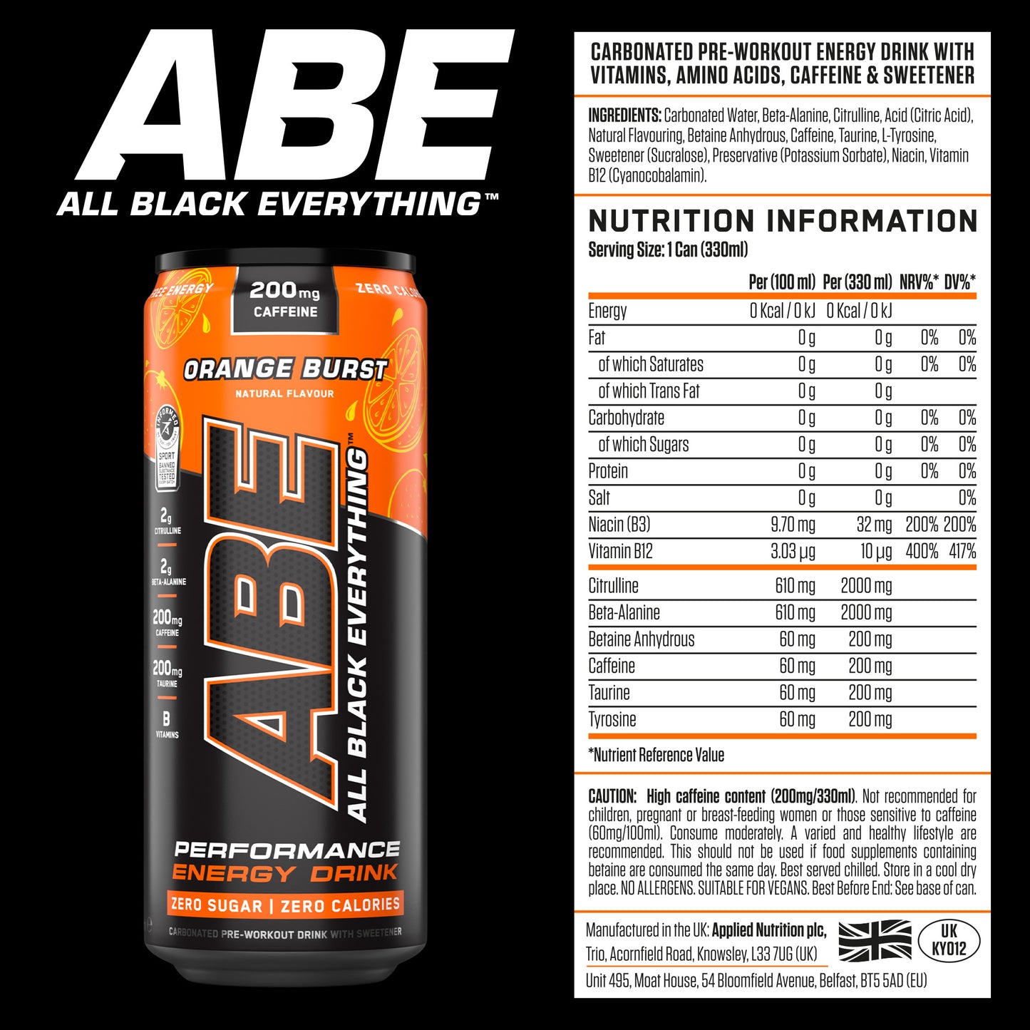 ABE - Energy & Performance Pre Workout Cans x12 - Sin azúcar.